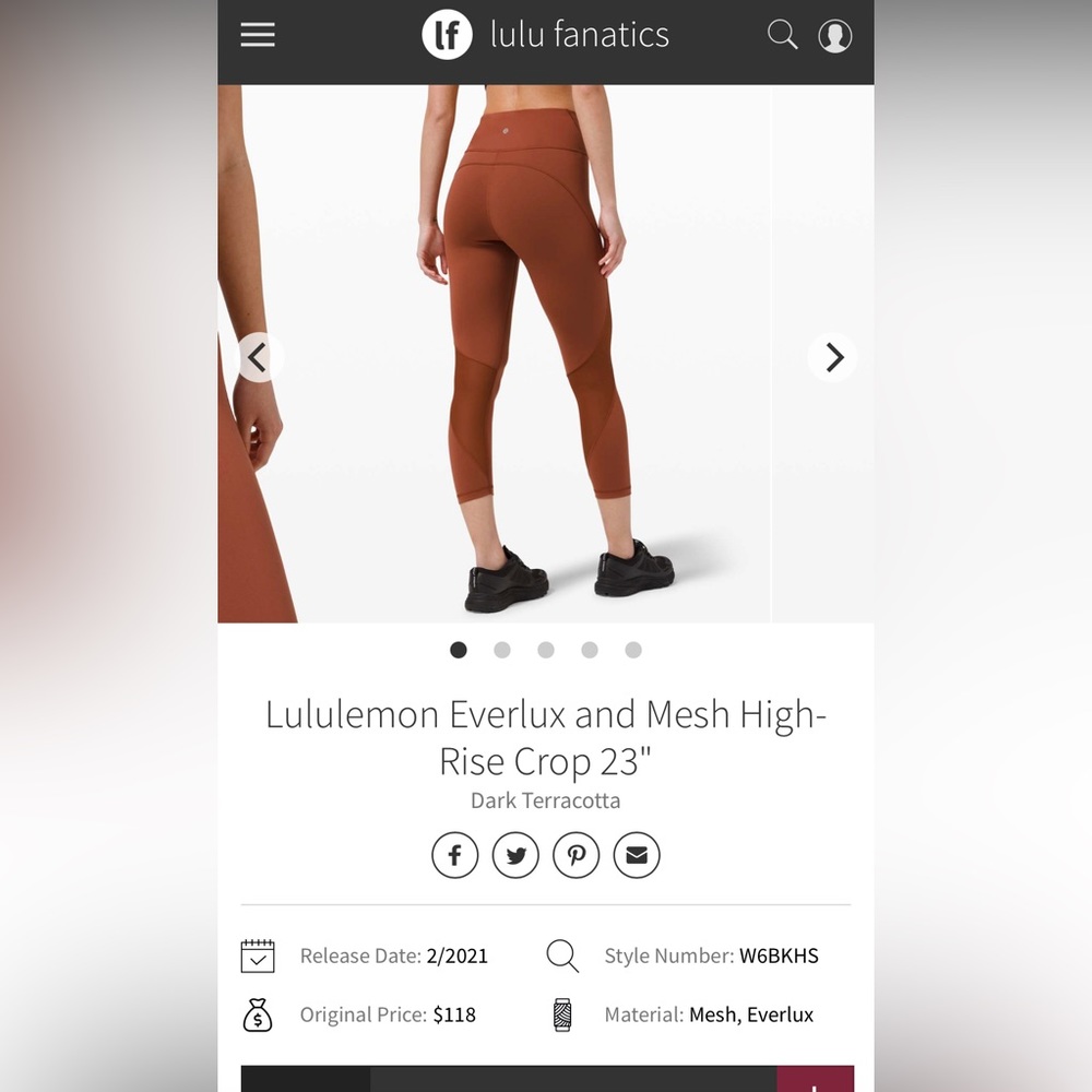 Lululemon Everlux and Mesh HR Crop 23”, Dark Terracotta, sz2